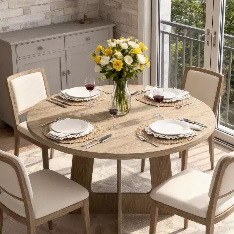 Table de salle à manger ronde COZONY 43.3 pour 4 personnes, table de cuisine en bois avec base en croix, table de salle à manger de style ferme pour la maison, la cuisine, les petits espaces