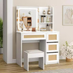 COZONY Rattan Makeup Vanity Desk with Mirror & Adjustable LED Light, Large Storage Vanity with 4 Drawers and 2-Tier Open Shelves for Bedroom, White