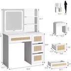 COZONY Coiffeuse en rotin avec miroir et lumière LED réglable, grande coiffeuse de rangement avec 4 tiroirs et étagères ouvertes à 2 niveaux pour chambre à coucher, blanc