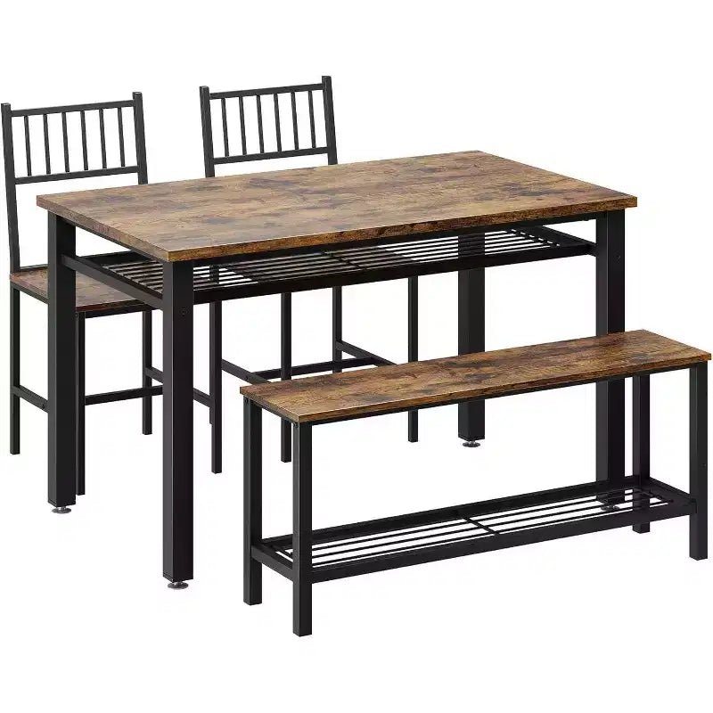Ensemble de salle à manger 4 pièces pour 4 personnes, table de cuisine en bois avec 2 chaises et banc, ensemble de table de cuisine rectangulaire avec étagère de rangement pour salon