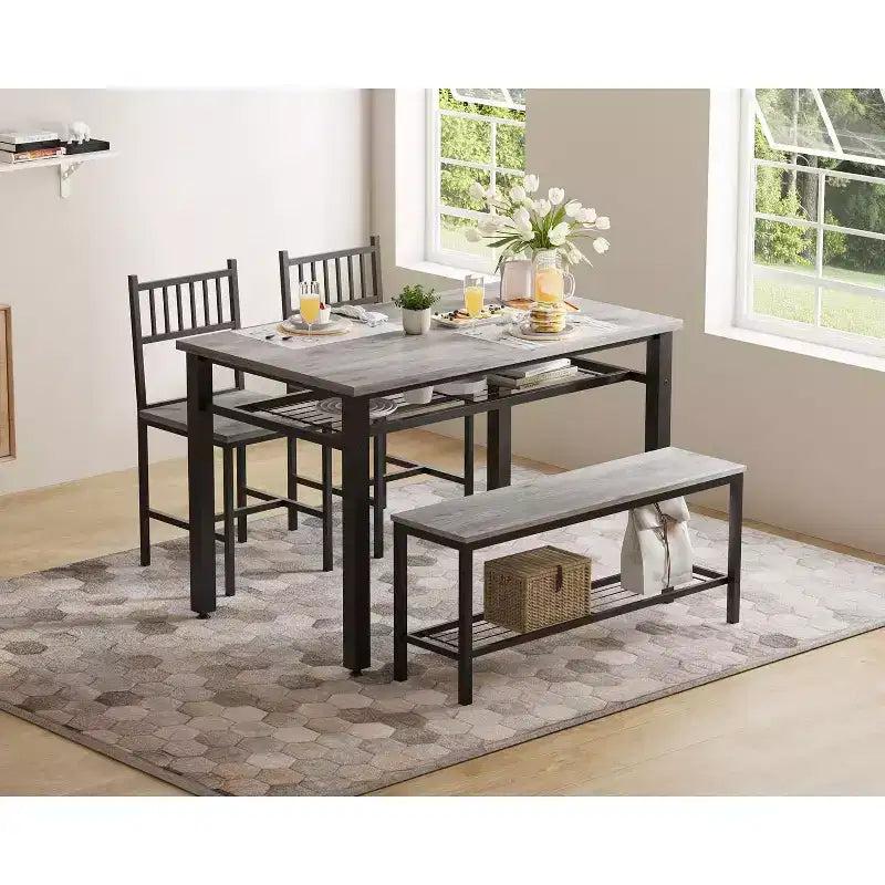 Ensemble de salle à manger 4 pièces pour 4 personnes, table de cuisine en bois avec 2 chaises et banc, ensemble de table de cuisine rectangulaire avec étagère de rangement pour salon
