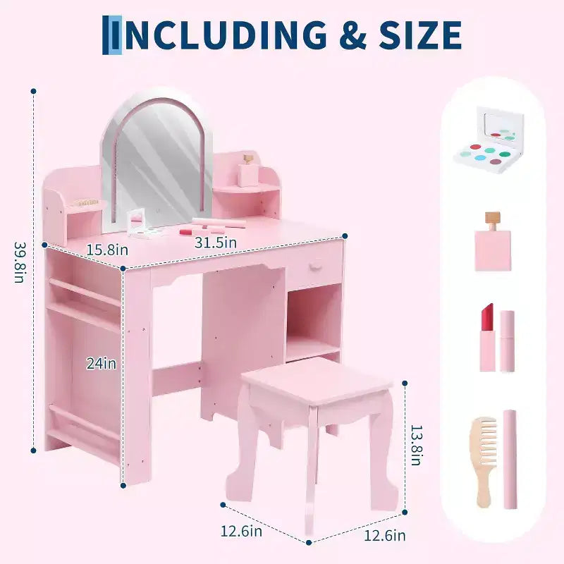 Coiffeuse et Tabouret pour Enfants 2 en 1 GustoWave avec Miroir, Étagère et Ensemble de Maquillage