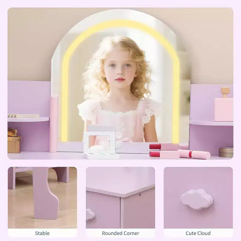Coiffeuse et Tabouret pour Enfants 2 en 1 GustoWave avec Miroir, Étagère et Ensemble de Maquillage