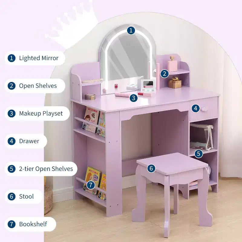 Coiffeuse et Tabouret pour Enfants 2 en 1 GustoWave avec Miroir, Étagère et Ensemble de Maquillage