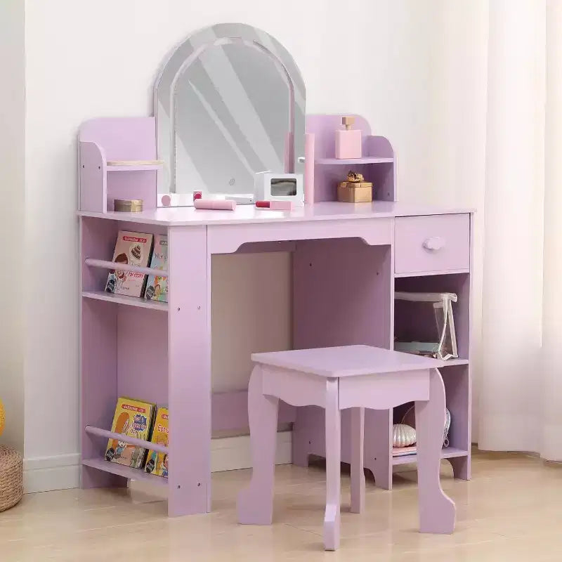 Coiffeuse et Tabouret pour Enfants 2 en 1 GustoWave avec Miroir, Étagère et Ensemble de Maquillage