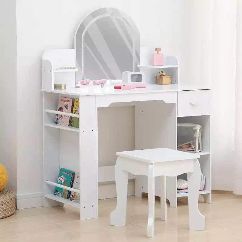 Coiffeuse et Tabouret pour Enfants 2 en 1 GustoWave avec Miroir, Étagère et Ensemble de Maquillage