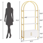 Étagère arquée à 4 niveaux avec portes, cadre en métal industriel de 181,6 cm de haut, bibliothèque incurvée ouverte dorée pour salon et bureau