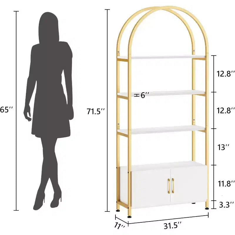 Étagère arquée à 4 niveaux avec portes, cadre en métal industriel de 181,6 cm de haut, bibliothèque incurvée ouverte dorée pour salon et bureau