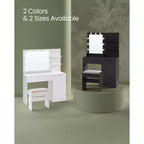 VASAGLE Coiffeuse avec miroir et lumières, meuble maquillage de 90 cm de large avec ou sans tabouret de coiffeuse rembourré, prises de courant, tiroir de rangement, noir encre