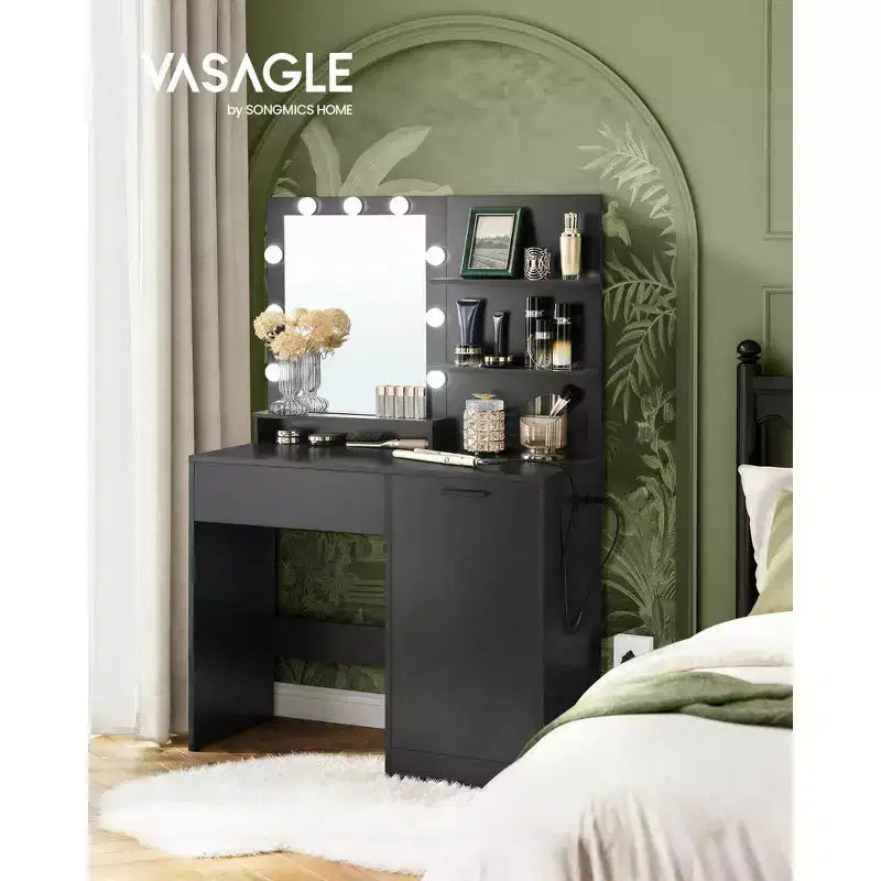 VASAGLE Coiffeuse avec miroir et lumières, meuble maquillage de 90 cm de large avec ou sans tabouret de coiffeuse rembourré, prises de courant, tiroir de rangement, noir encre