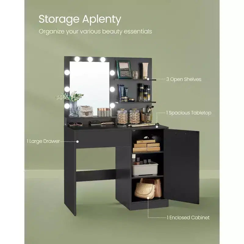 VASAGLE Coiffeuse avec miroir et lumières, meuble maquillage de 90 cm de large avec ou sans tabouret de coiffeuse rembourré, prises de courant, tiroir de rangement, noir encre