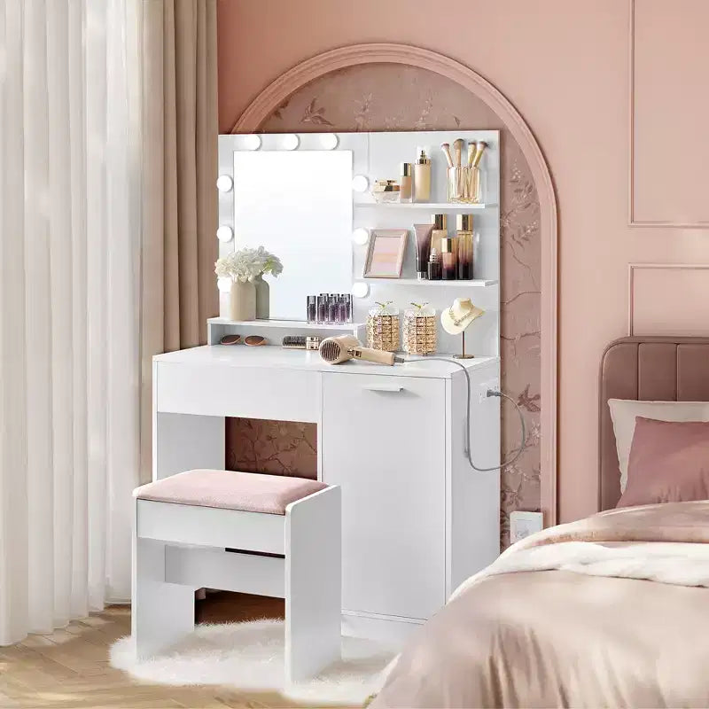 VASAGLE Coiffeuse avec miroir et lumières, meuble maquillage de 90 cm de large avec ou sans tabouret de coiffeuse rembourré, prises de courant, tiroir de rangement, noir encre