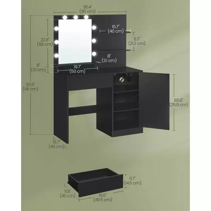VASAGLE Coiffeuse avec miroir et lumières, meuble maquillage de 90 cm de large avec ou sans tabouret de coiffeuse rembourré, prises de courant, tiroir de rangement, noir encre