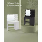 VASAGLE Coiffeuse avec miroir et lumières, meuble maquillage de 90 cm de large avec ou sans tabouret de coiffeuse rembourré, prises de courant, tiroir de rangement, noir encre