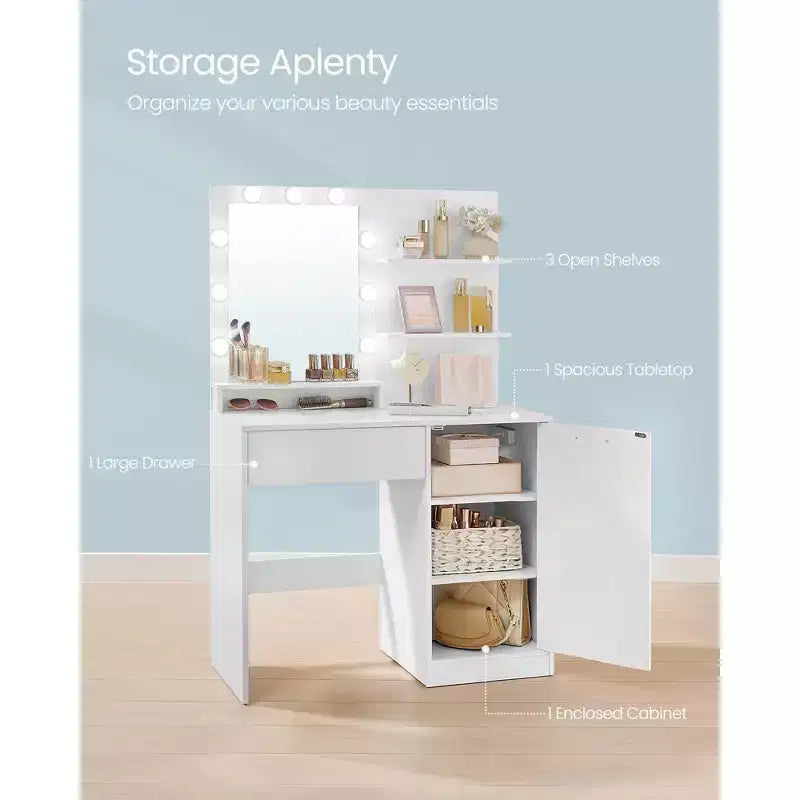 VASAGLE Coiffeuse avec miroir et lumières, meuble maquillage de 90 cm de large avec ou sans tabouret de coiffeuse rembourré, prises de courant, tiroir de rangement, noir encre