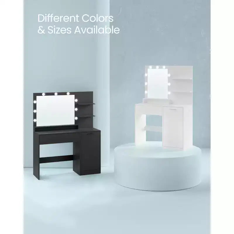VASAGLE Coiffeuse avec miroir et lumières, meuble maquillage de 90 cm de large avec ou sans tabouret de coiffeuse rembourré, prises de courant, tiroir de rangement, noir encre