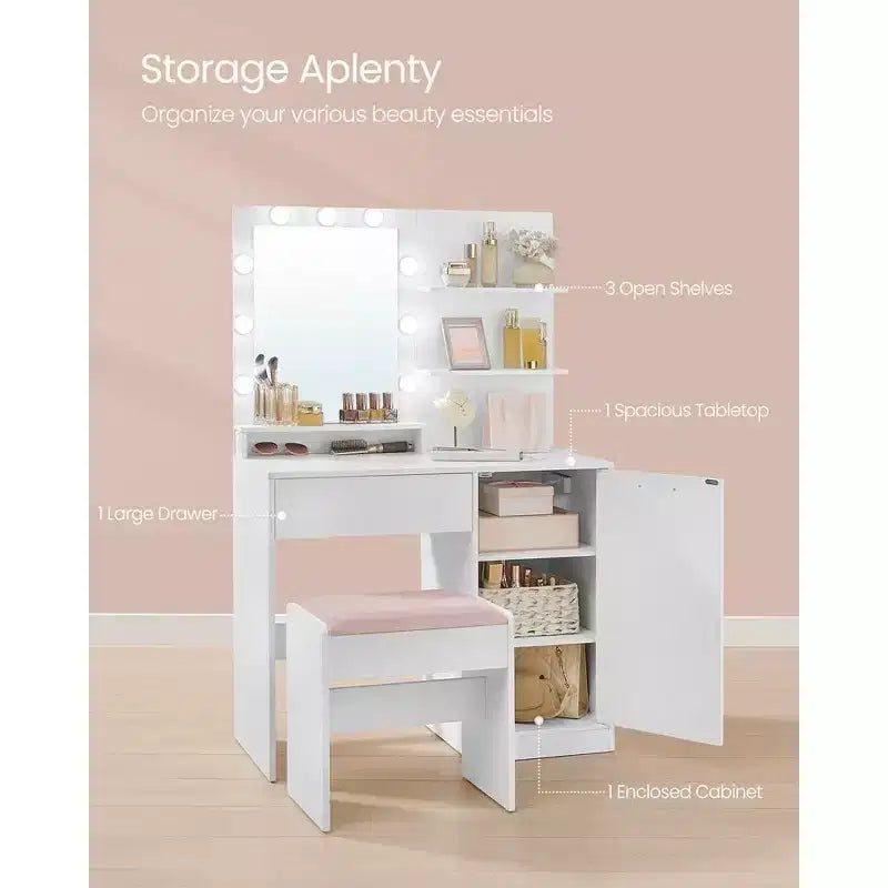 VASAGLE Coiffeuse avec miroir et lumières, meuble maquillage de 90 cm de large avec ou sans tabouret de coiffeuse rembourré, prises de courant, tiroir de rangement, noir encre