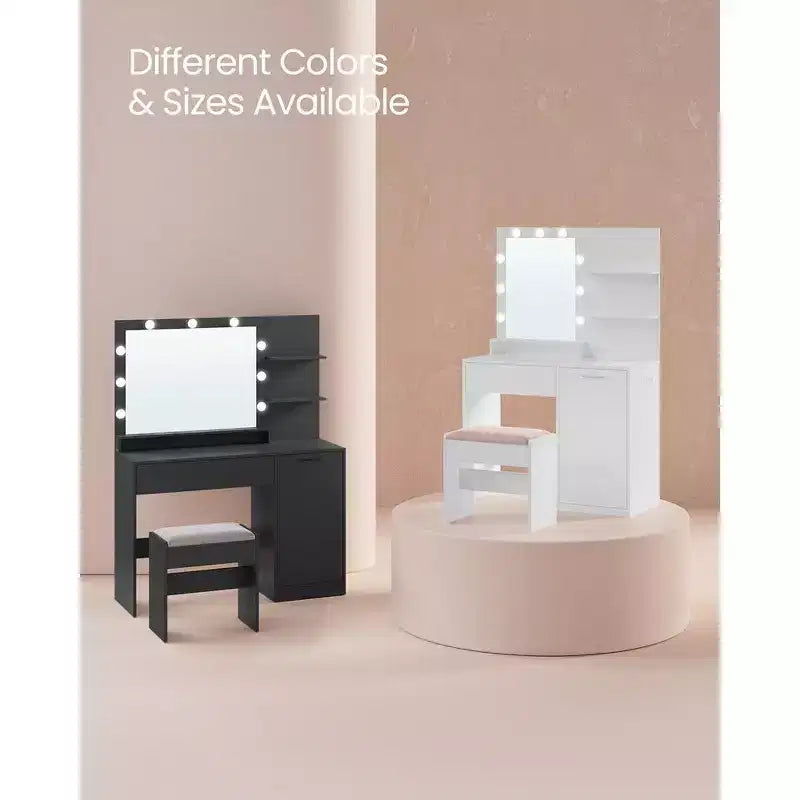 VASAGLE Coiffeuse avec miroir et lumières, meuble maquillage de 90 cm de large avec ou sans tabouret de coiffeuse rembourré, prises de courant, tiroir de rangement, noir encre