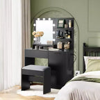 VASAGLE Coiffeuse avec miroir et lumières, meuble maquillage de 90 cm de large avec ou sans tabouret de coiffeuse rembourré, prises de courant, tiroir de rangement, noir encre