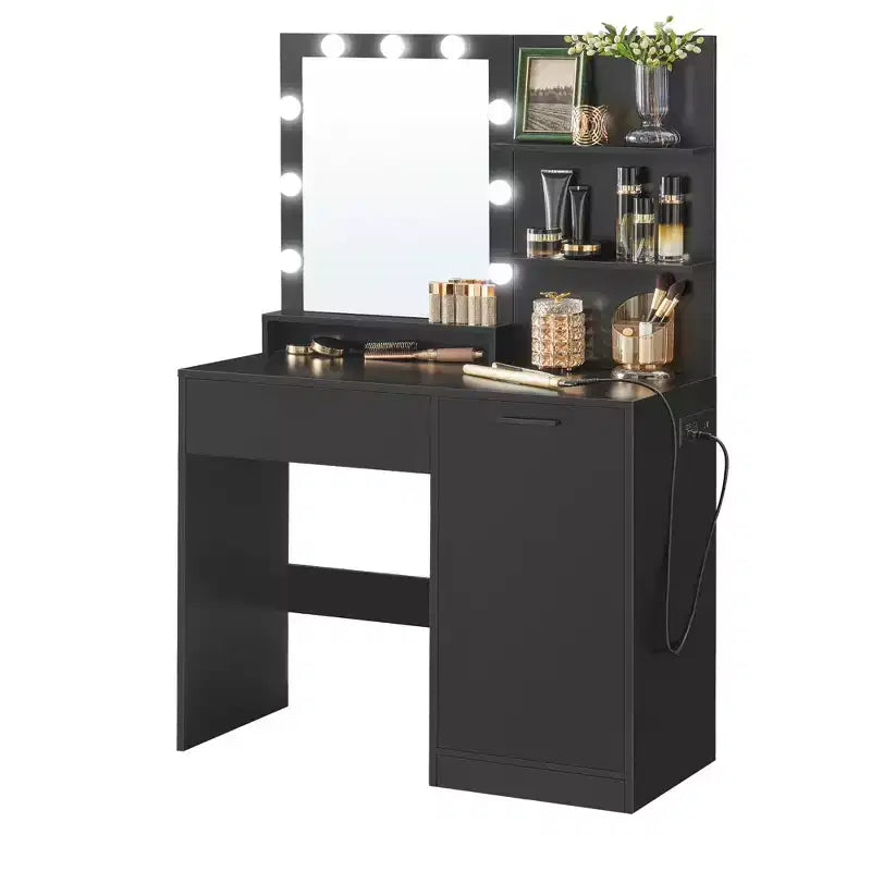 VASAGLE Coiffeuse avec miroir et lumières, meuble maquillage de 90 cm de large avec ou sans tabouret de coiffeuse rembourré, prises de courant, tiroir de rangement, noir encre