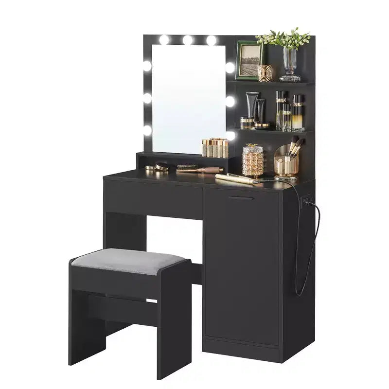 VASAGLE Coiffeuse avec miroir et lumières, meuble maquillage de 90 cm de large avec ou sans tabouret de coiffeuse rembourré, prises de courant, tiroir de rangement, noir encre
