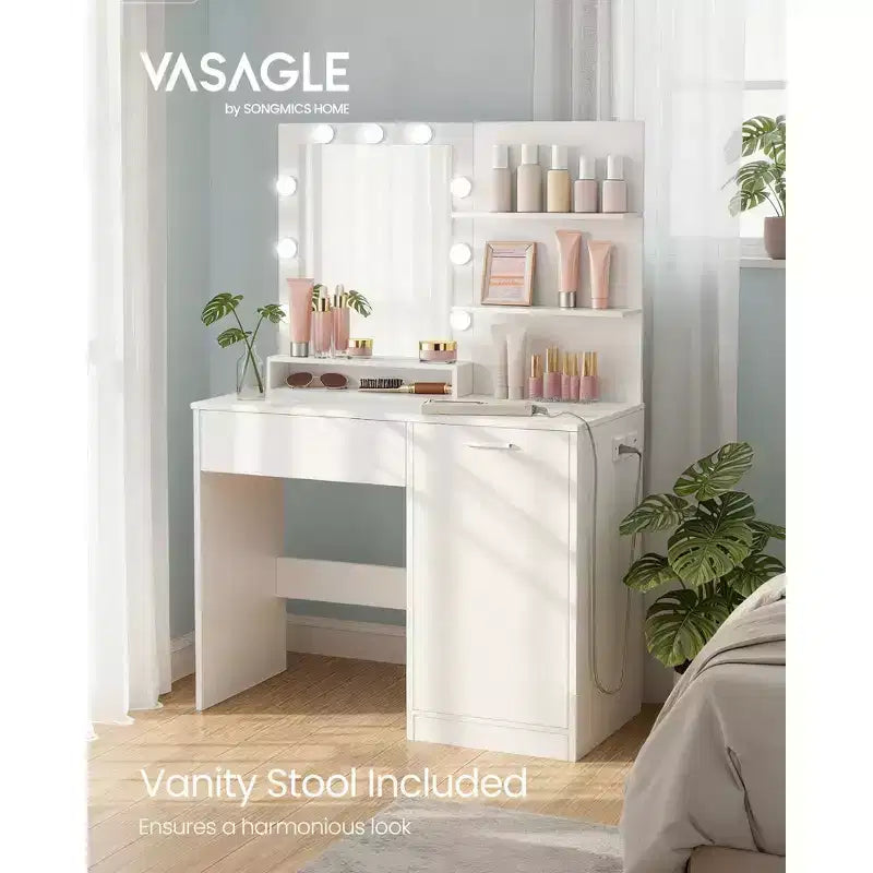 VASAGLE Coiffeuse avec miroir et lumières, meuble maquillage de 90 cm de large avec ou sans tabouret de coiffeuse rembourré, prises de courant, tiroir de rangement, noir encre