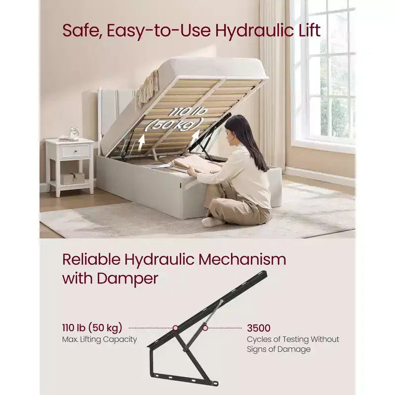 Cadre de lit relevable double avec rangement, lit plateforme avec tête de lit capitonnée, capacité de 250 kg et rangement sous le lit