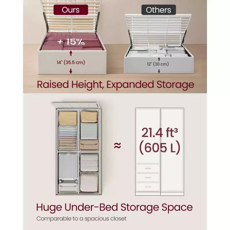 Cadre de lit relevable double avec rangement, lit plateforme avec tête de lit capitonnée, capacité de 250 kg et rangement sous le lit
