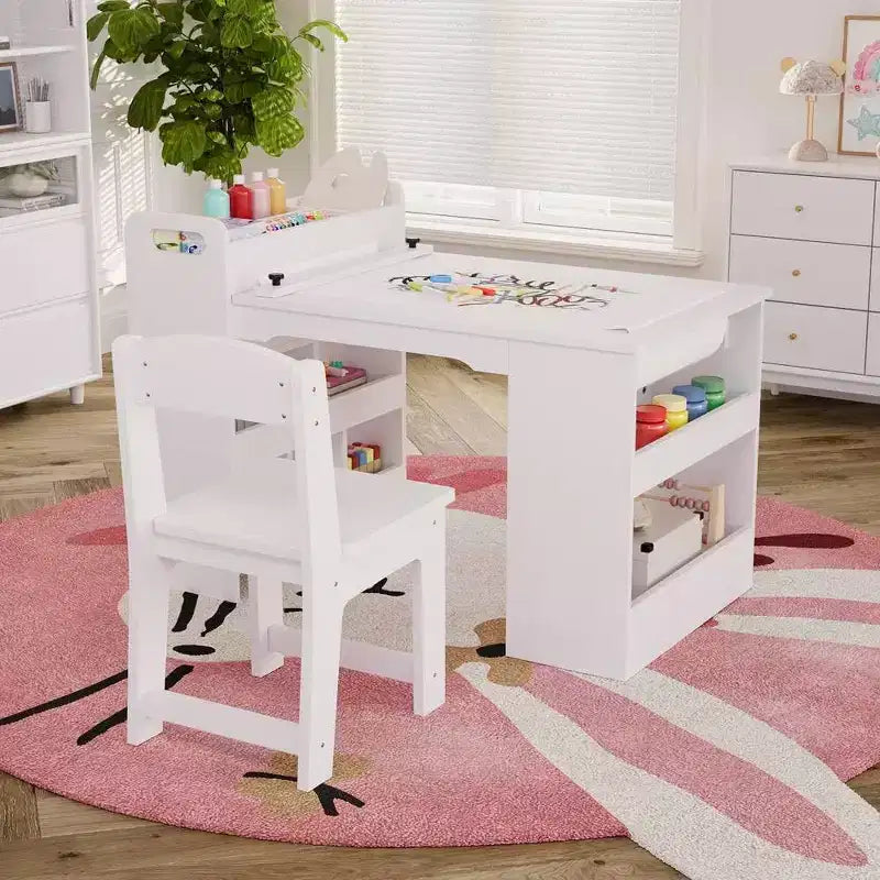 Table et 2 chaises Garvee Kids Art, Table d'artisanat avec grandes étagères de rangement, Bureau de dessin en bois Activité et artisanat pour enfants
