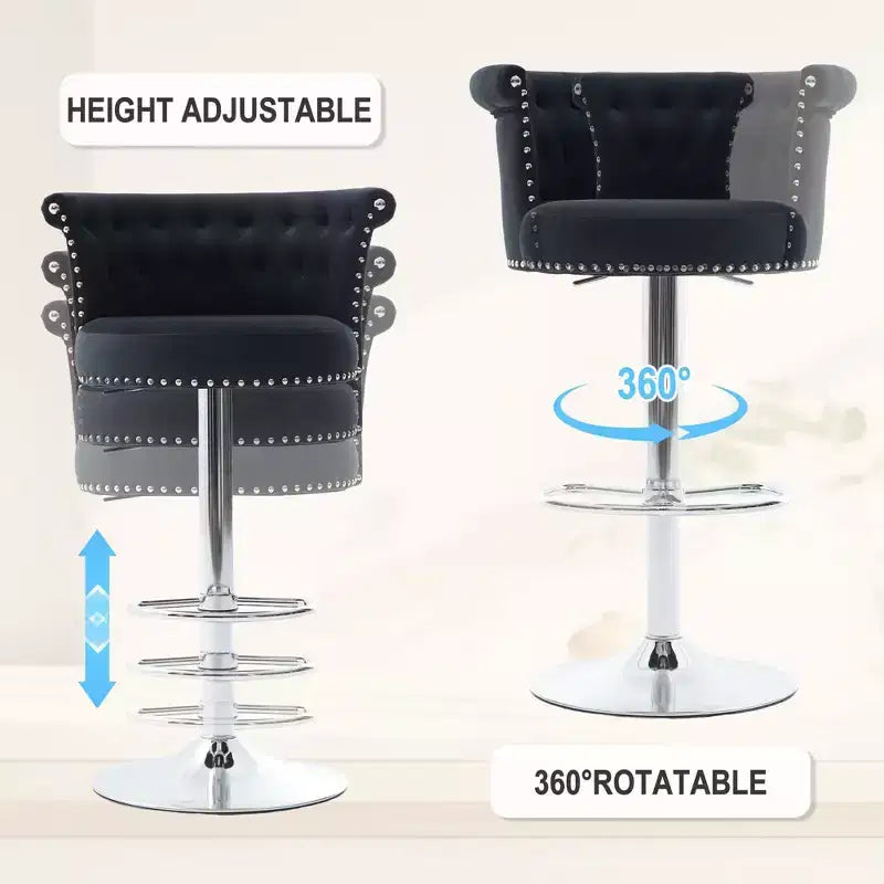 Lot de 2 tabourets de bar en velours Okak, tabourets de bar pivotants réglables avec pied en métal plaqué argent, clous chromés, chaises de hauteur comptoir pour cuisine