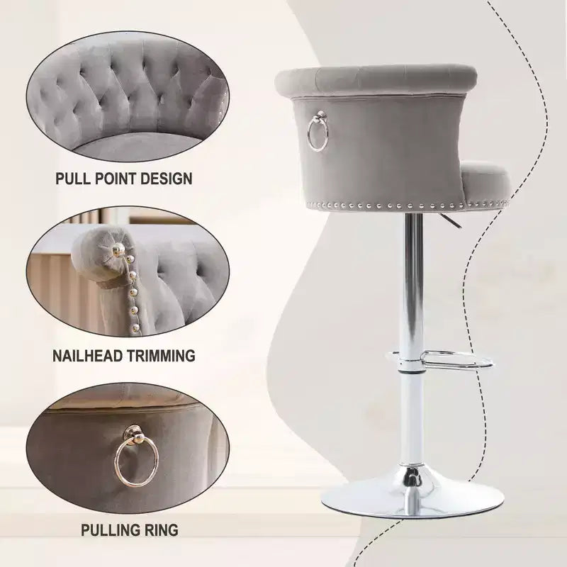 Lot de 2 tabourets de bar en velours Okak, tabourets de bar pivotants réglables avec pied en métal plaqué argent, clous chromés, chaises de hauteur comptoir pour cuisine