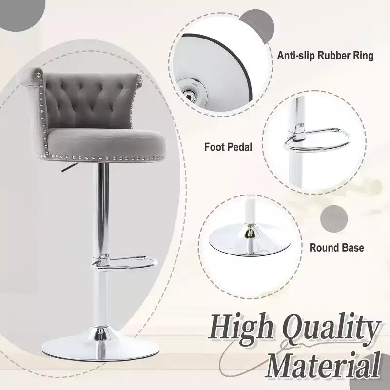 Lot de 2 tabourets de bar en velours Okak, tabourets de bar pivotants réglables avec pied en métal plaqué argent, clous chromés, chaises de hauteur comptoir pour cuisine
