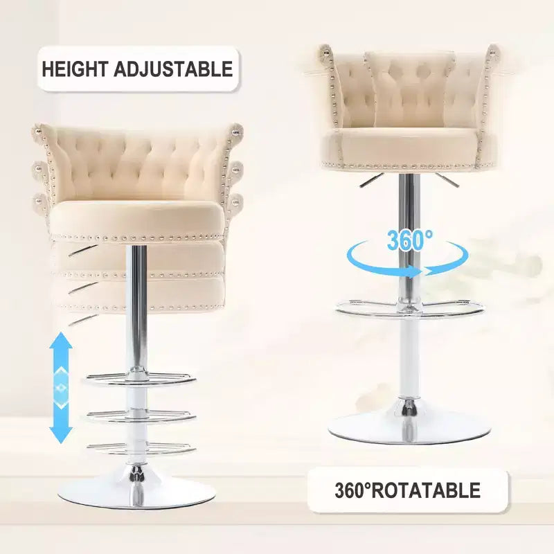 Lot de 2 tabourets de bar en velours Okak, tabourets de bar pivotants réglables avec pied en métal plaqué argent, clous chromés, chaises de hauteur comptoir pour cuisine