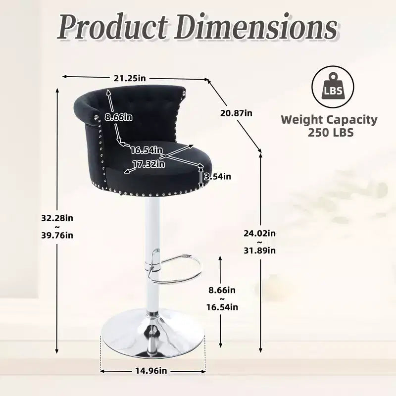 Lot de 2 tabourets de bar en velours Okak, tabourets de bar pivotants réglables avec pied en métal plaqué argent, clous chromés, chaises de hauteur comptoir pour cuisine