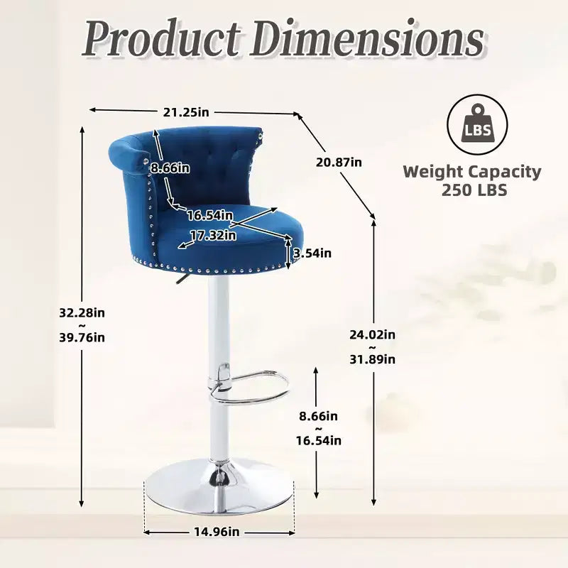 Lot de 2 tabourets de bar en velours Okak, tabourets de bar pivotants réglables avec pied en métal plaqué argent, clous chromés, chaises de hauteur comptoir pour cuisine