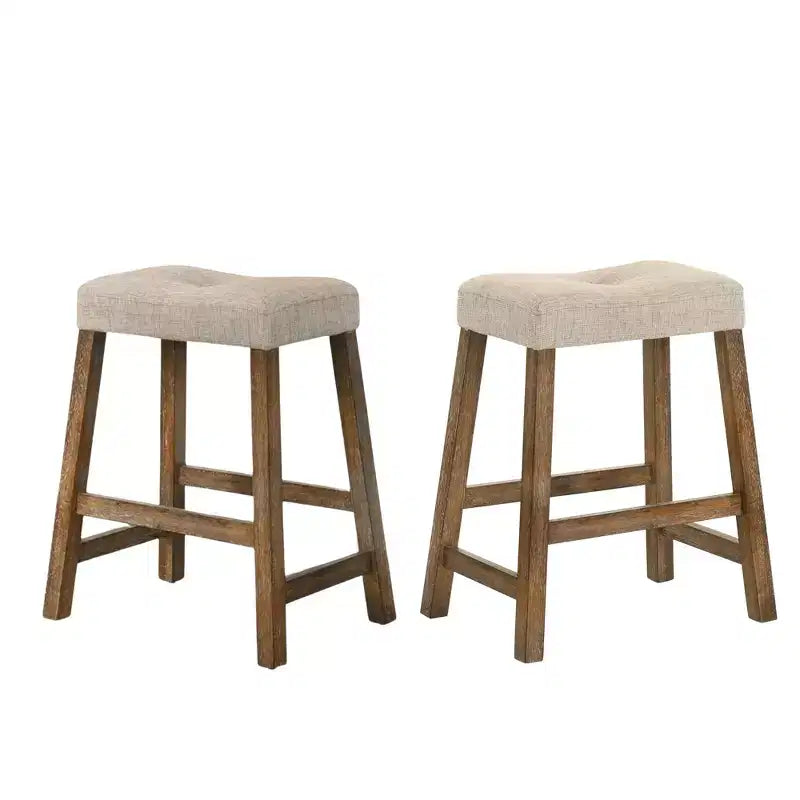 Lot de 2 tabourets de comptoir Okak 25 pouces, tabourets de bar rustiques sans dossier avec assise en cuir et finition vieillie, sièges de ferme peu encombrants