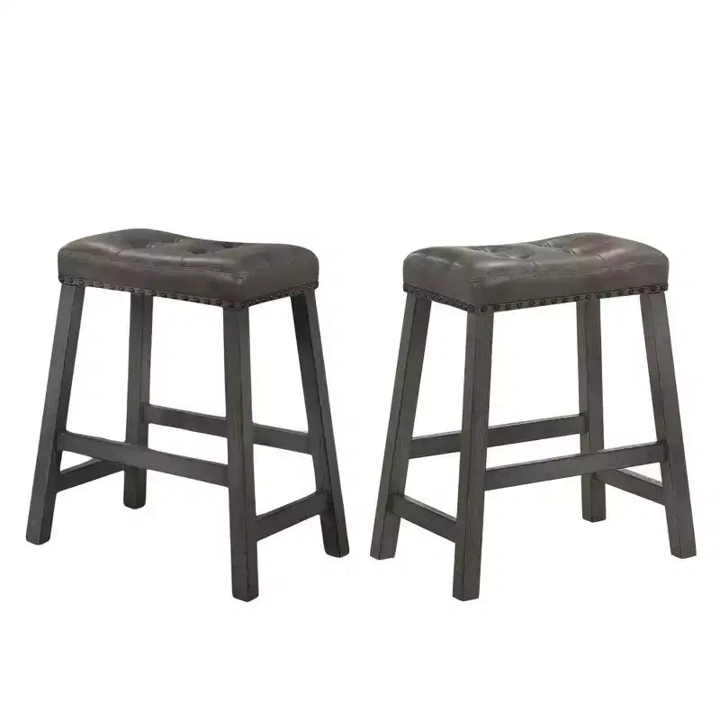 Lot de 2 tabourets de comptoir Okak 25 pouces, tabourets de bar rustiques sans dossier avec assise en cuir et finition vieillie, sièges de ferme peu encombrants
