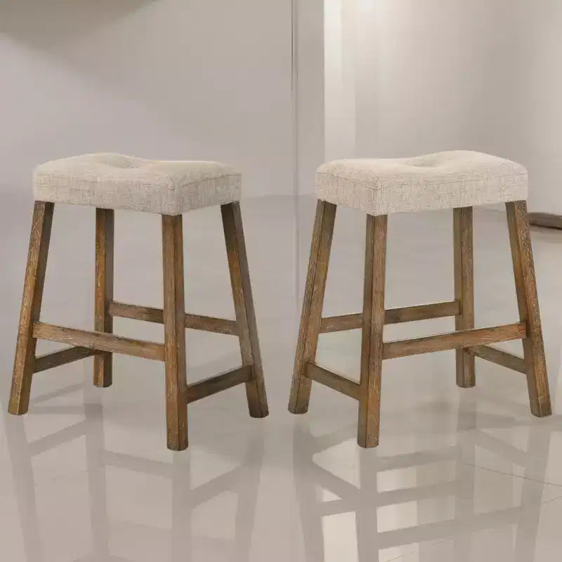 Lot de 2 tabourets de comptoir Okak 25 pouces, tabourets de bar rustiques sans dossier avec assise en cuir et finition vieillie, sièges de ferme peu encombrants