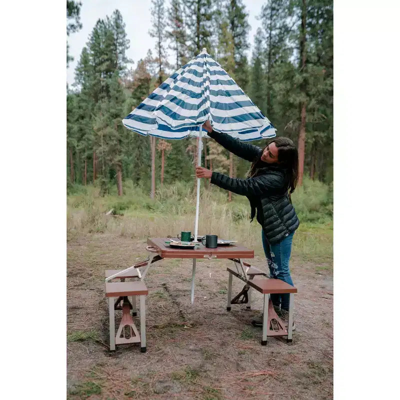 Stansport Table de pique-nique et parasol motif bois