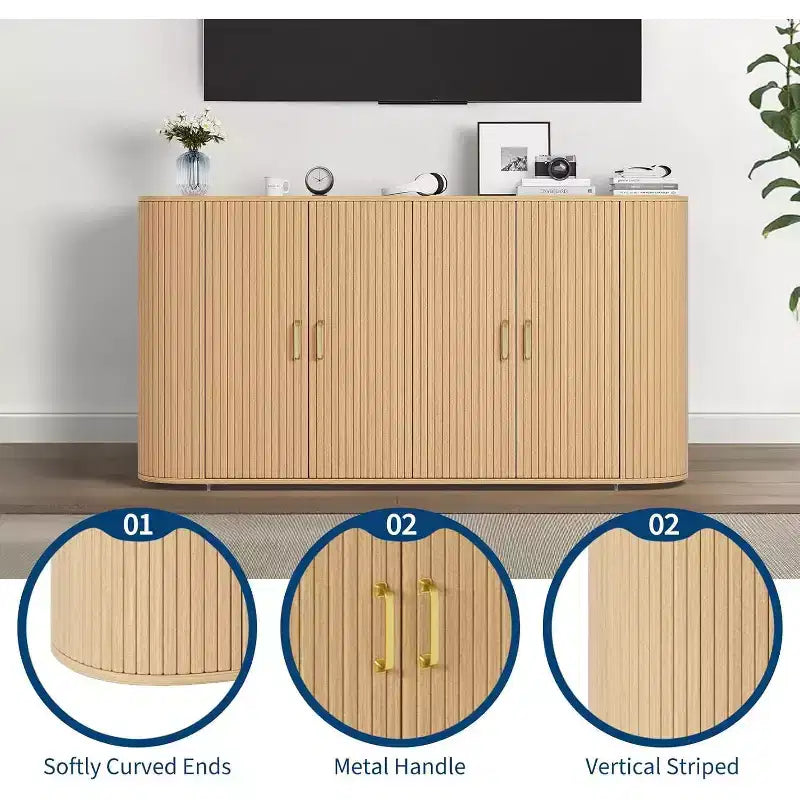 Buffet de 63 pouces, design moderne avec façades cannelées, étagères réglables et pieds en bois durable, console à café finition chêne pour salon et cuisine