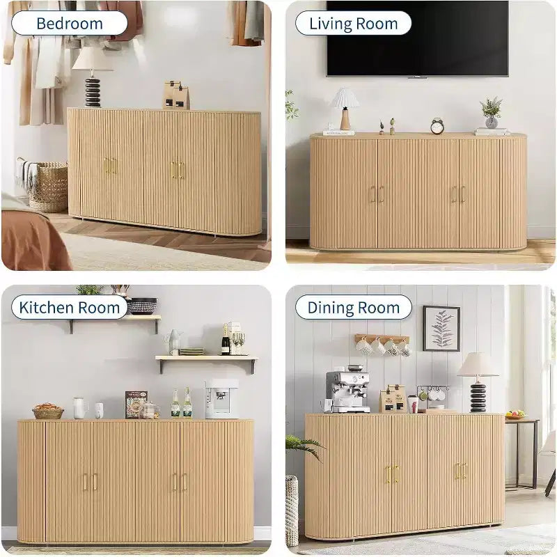 Buffet de 63 pouces, design moderne avec façades cannelées, étagères réglables et pieds en bois durable, console à café finition chêne pour salon et cuisine