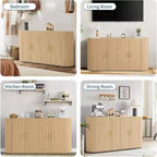 Buffet de 63 pouces, design moderne avec façades cannelées, étagères réglables et pieds en bois durable, console à café finition chêne pour salon et cuisine