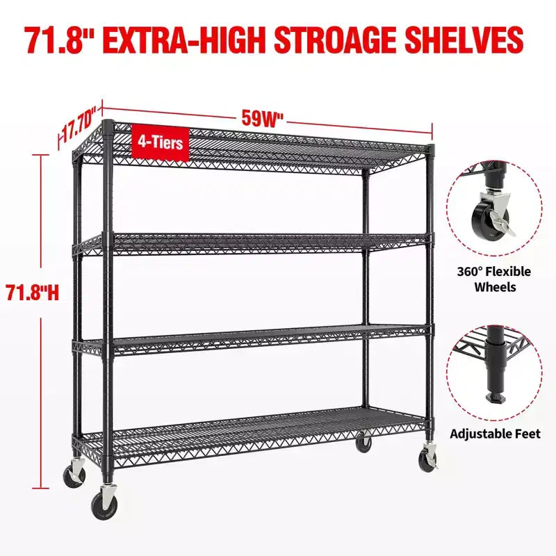 Étagères de Rangement Métalliques Robustes 4/5 Niveaux, Étagères Industrielles sur Roues, Capacité 1500 kg, Unité d'Étagères Réglables pour Garage et Entrepôt
