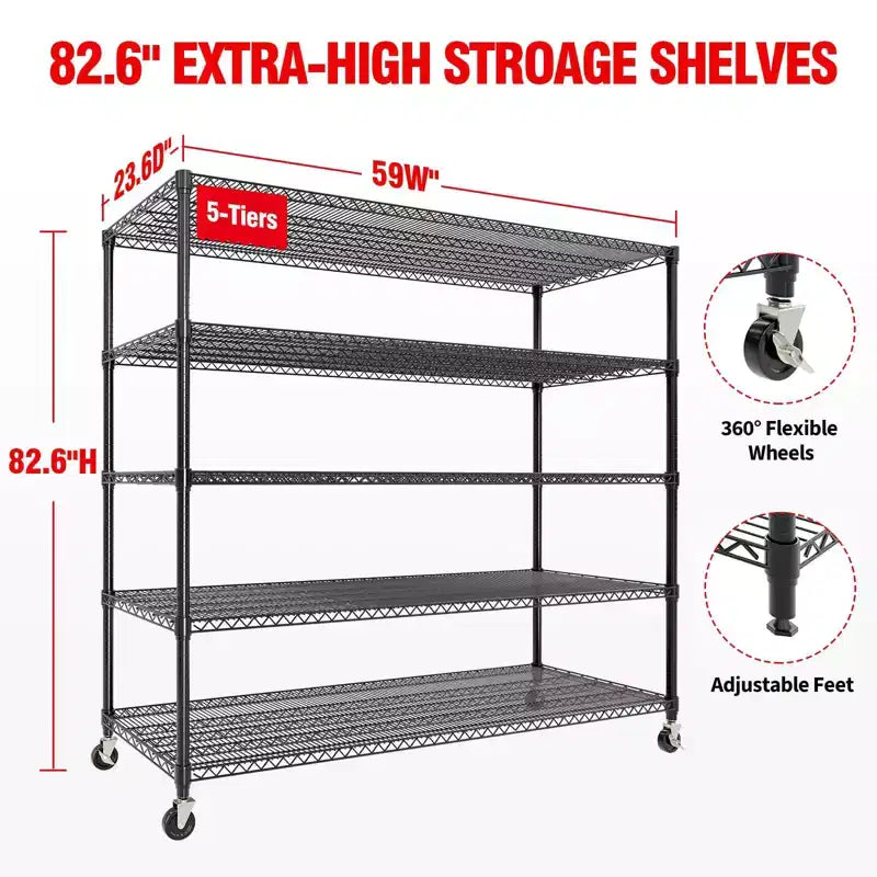 Étagères de Rangement Métalliques Robustes 4/5 Niveaux, Étagères Industrielles sur Roues, Capacité 1500 kg, Unité d'Étagères Réglables pour Garage et Entrepôt