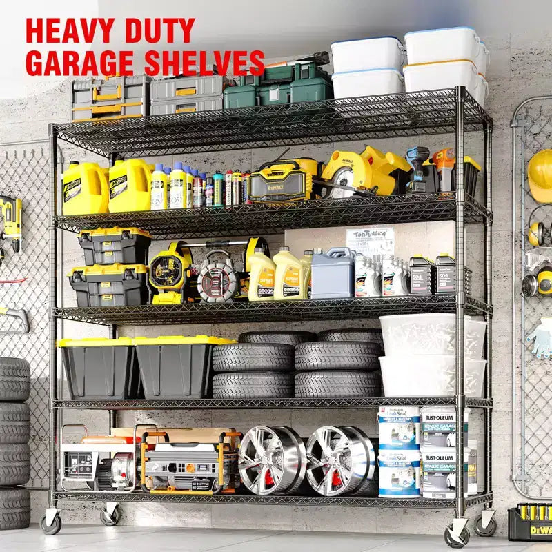 Étagères de Rangement Métalliques Robustes 4/5 Niveaux, Étagères Industrielles sur Roues, Capacité 1500 kg, Unité d'Étagères Réglables pour Garage et Entrepôt
