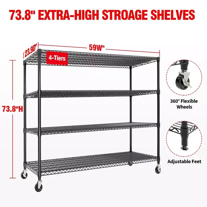Étagères de Rangement Métalliques Robustes 4/5 Niveaux, Étagères Industrielles sur Roues, Capacité 1500 kg, Unité d'Étagères Réglables pour Garage et Entrepôt