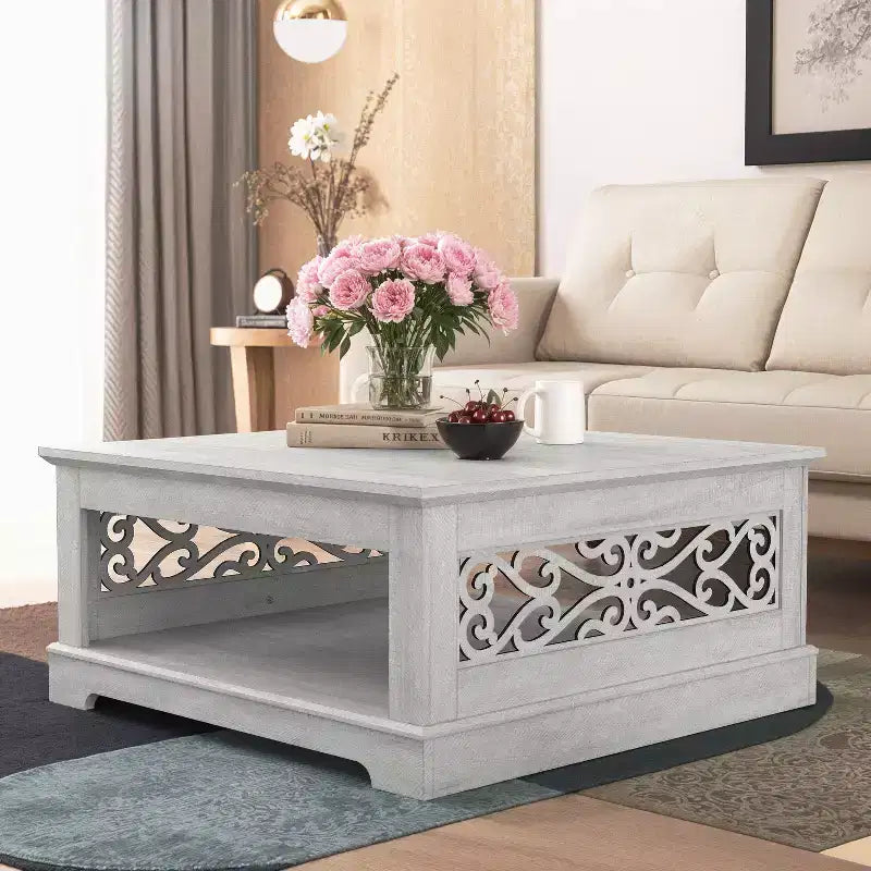 Table basse en bois Galano avec étagère de rangement 88,4 L x 88,4 P x 40,9 H cm
