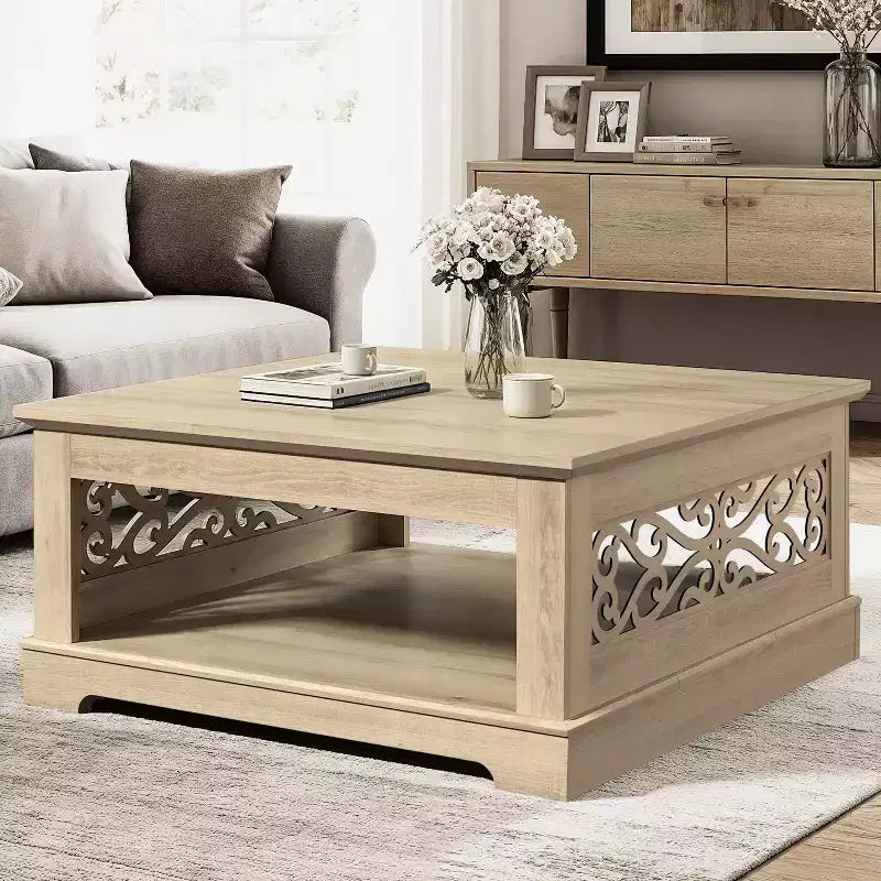 Table basse en bois Galano avec étagère de rangement 88,4 L x 88,4 P x 40,9 H cm