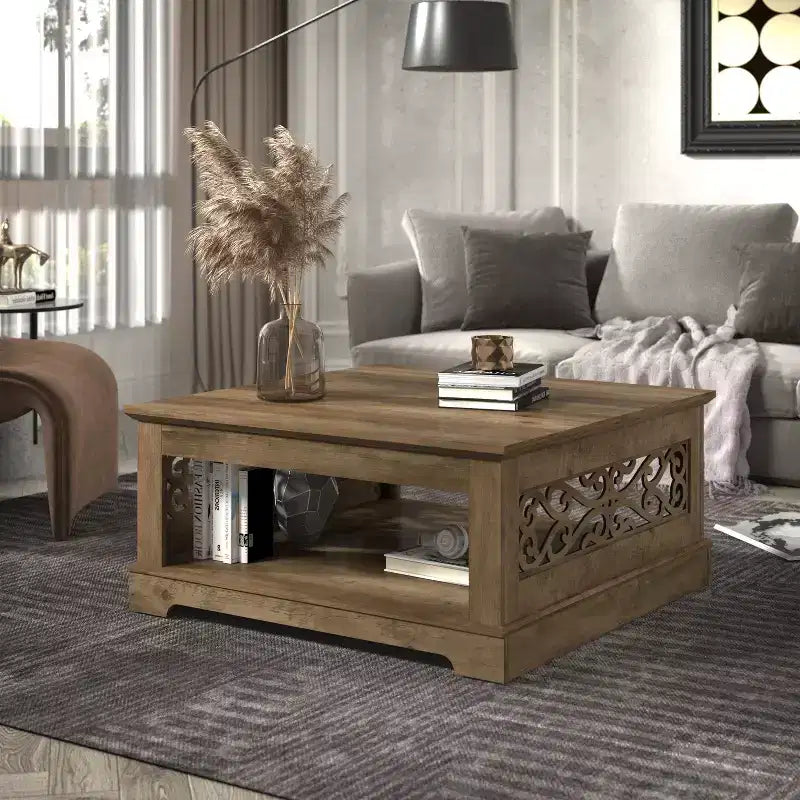 Table basse en bois Galano avec étagère de rangement 88,4 L x 88,4 P x 40,9 H cm