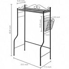 Étagère autonome de salle de bain en métal noir à placer au-dessus des toilettes, avec motifs volutes vintage et panier à magazines